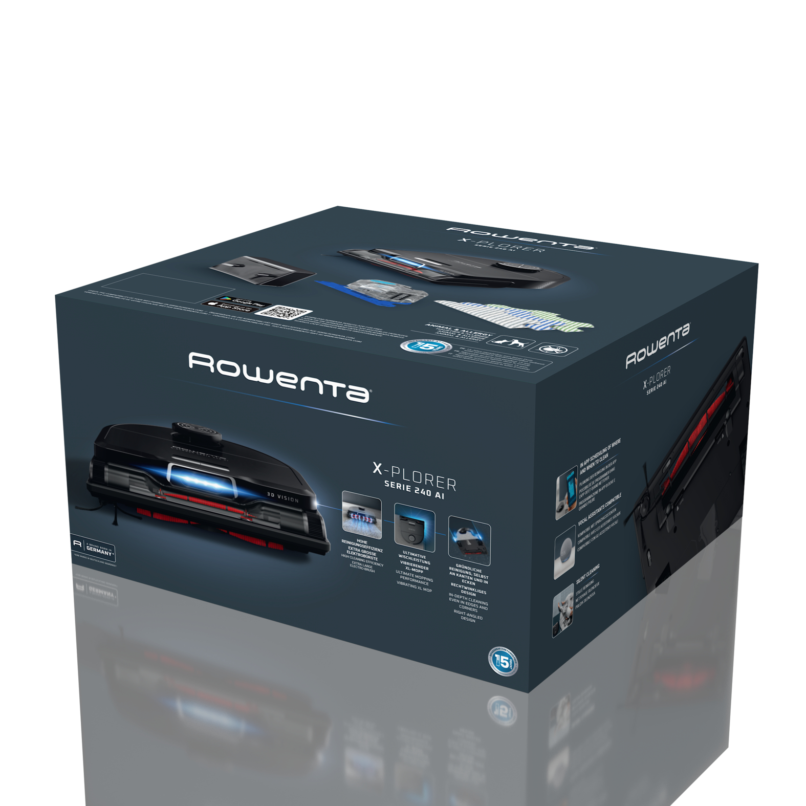 Rowenta X-PLORER robotporszívó doboza, a funkciókat és a dizájnelemeket mutatja.
