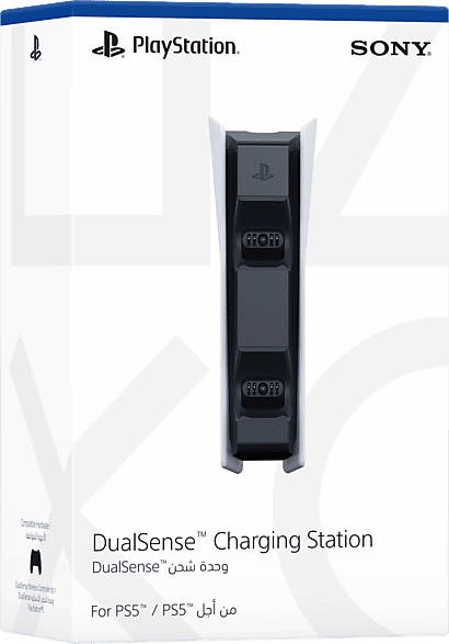 PlayStation DualSense töltőállomás doboza. Fehér doboz DualSense töltőállomással és arab felirattal.