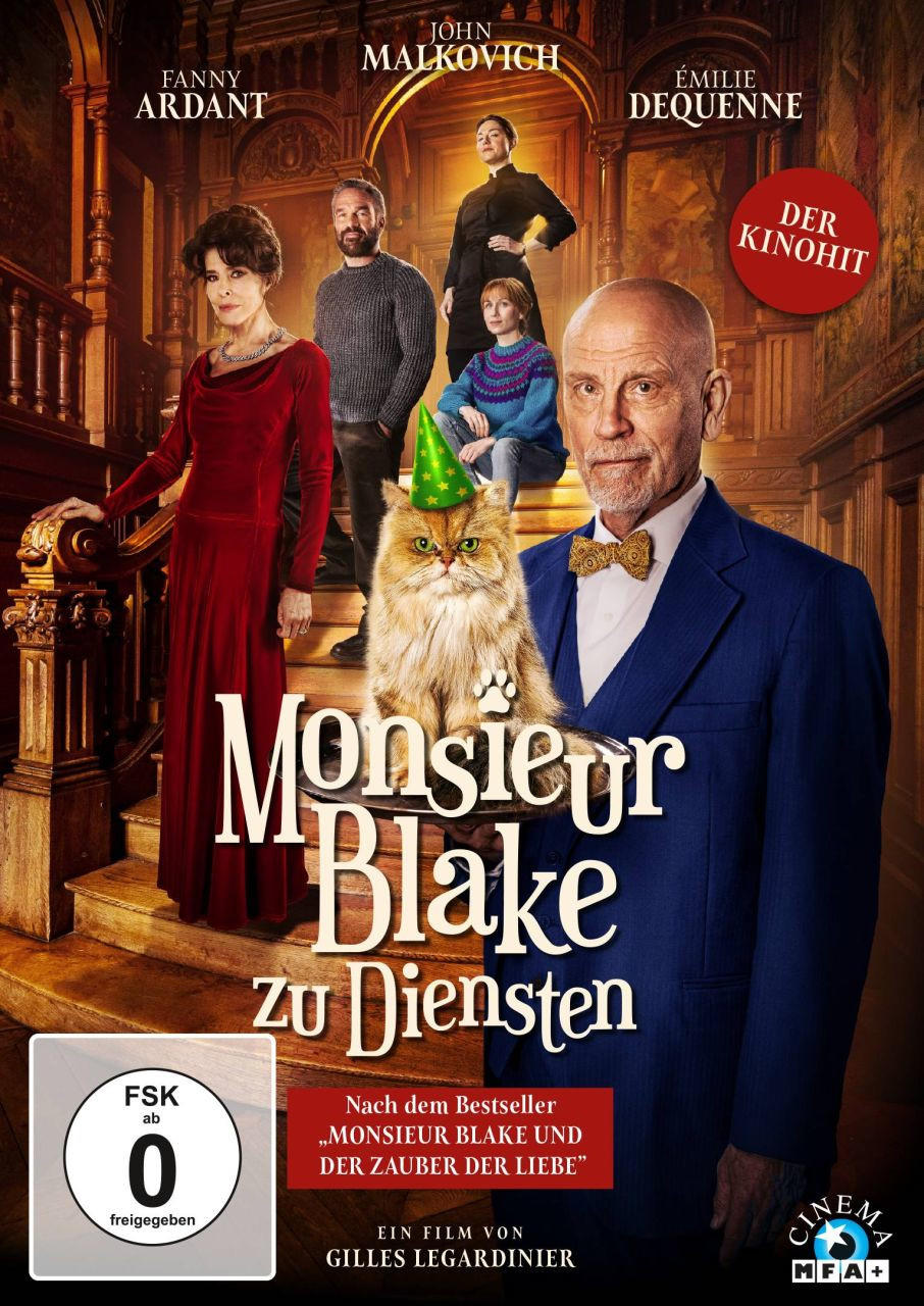Filmplakat für 'Monsieur Blake zu Diensten' mit John Malkovich, einer Katze und anderen Schauspielern.