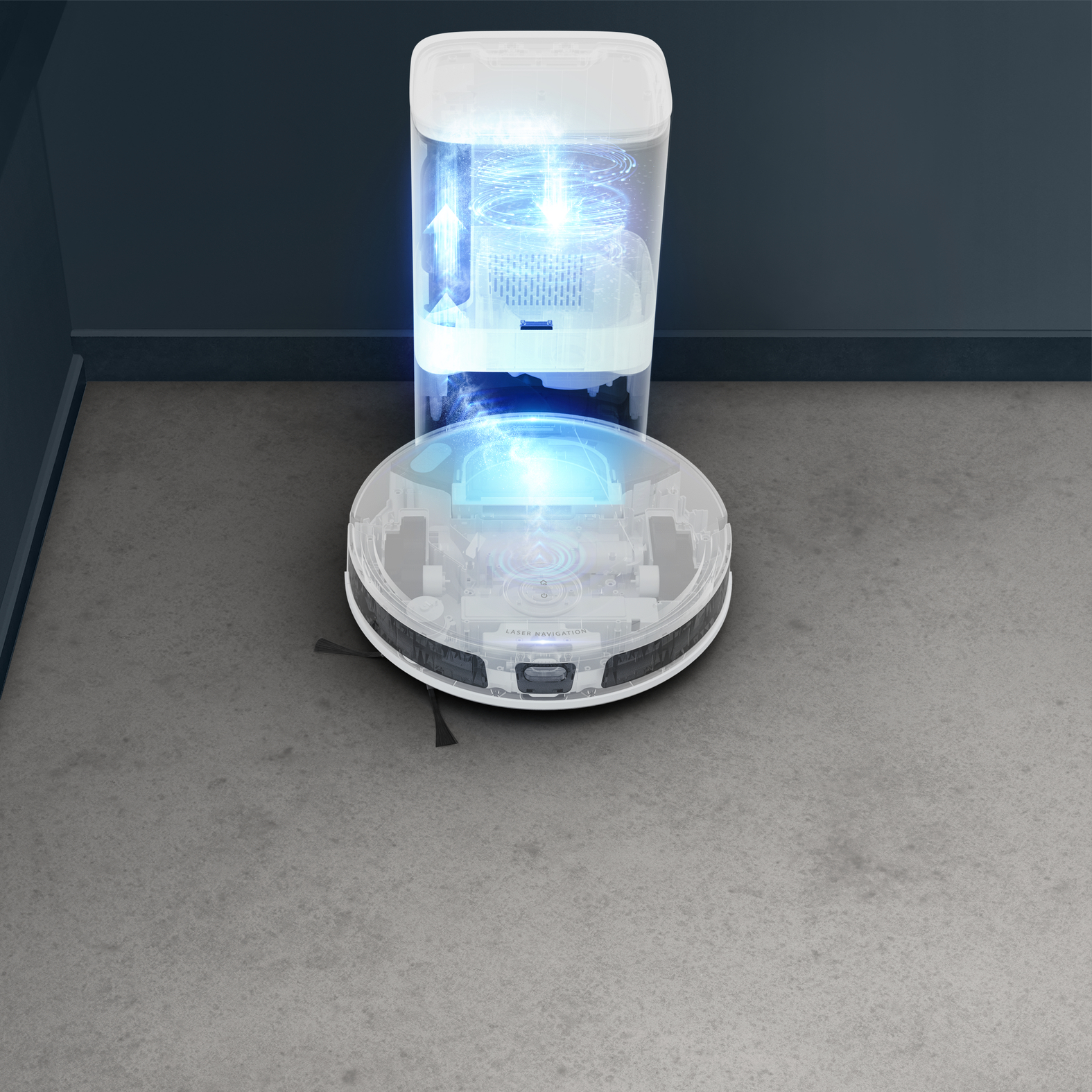 Egy robotporszívó töltődik egy dokkolóállomáson. Kék fény árad mindkét eszközből. A padló szürke.