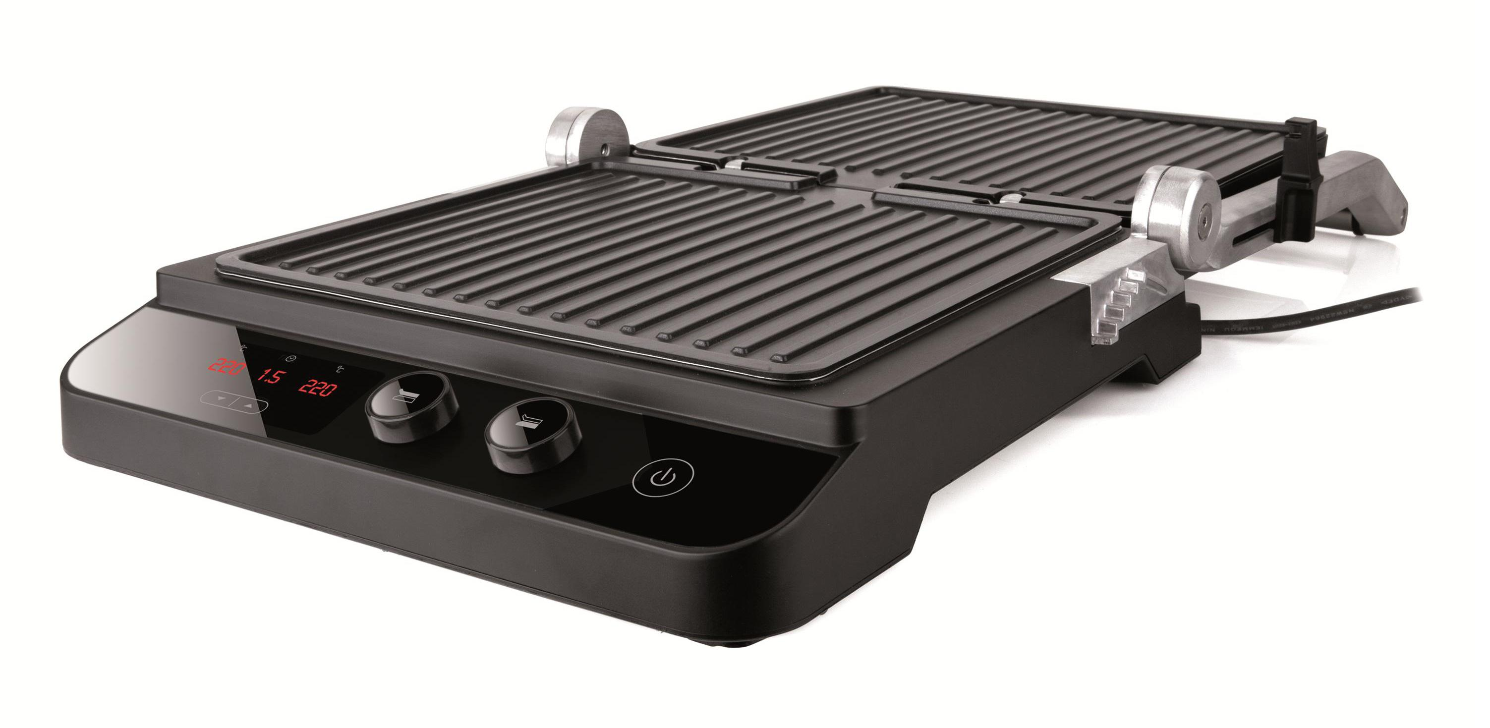Czarny grill, elementy sterujące i wyświetlacz. Grill ma żebra i znajduje się na białej powierzchni.