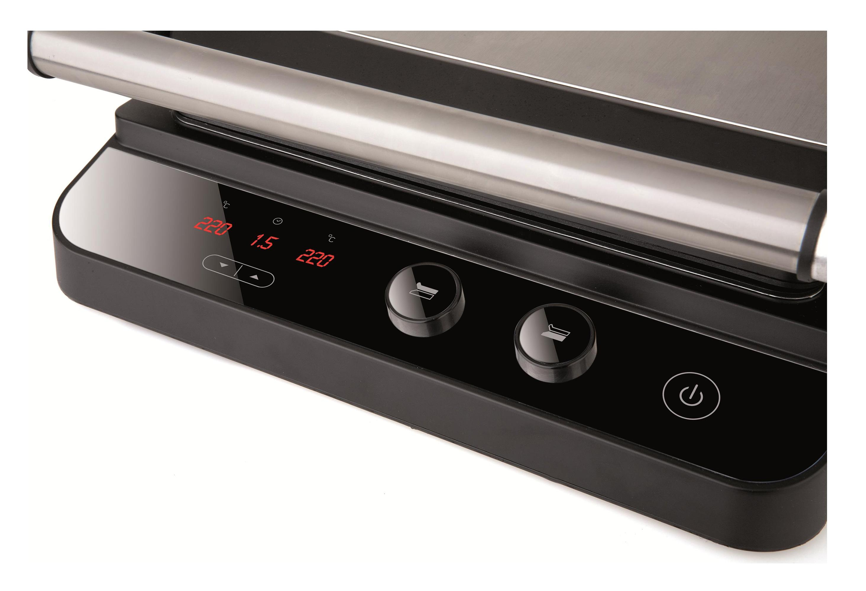 Czarny grill z cyfrowym wyświetlaczem 220°C. Widoczne przyciski i pokrywa ze stali nierdzewnej.