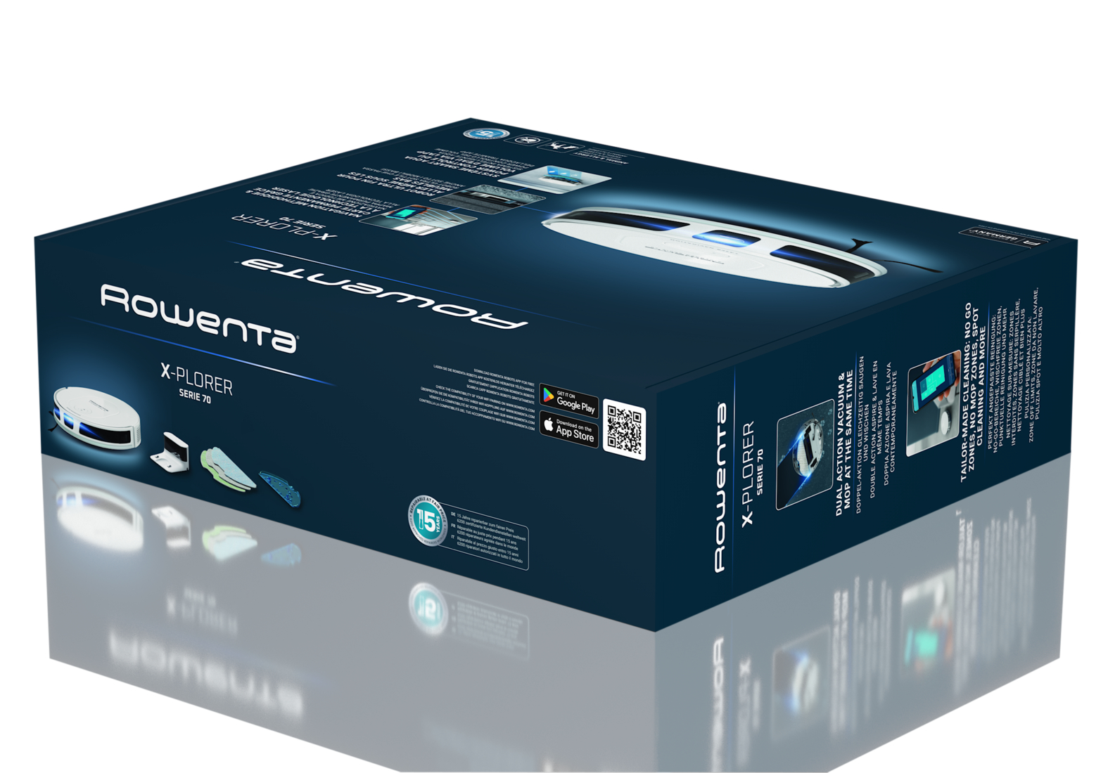 Rowenta X-Plorer robotporszívó doboza, bemutatva a terméket.