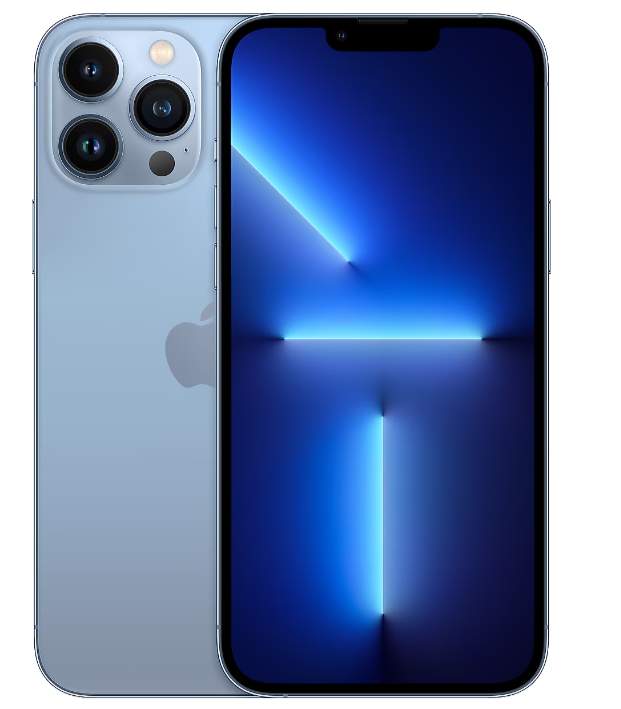 Mavi renkli iPhone 13 Pro, kameraları ve mavi degrade çizgileri olan ekranıyla arka tarafı gösteriyor. Apple logosu görünür.