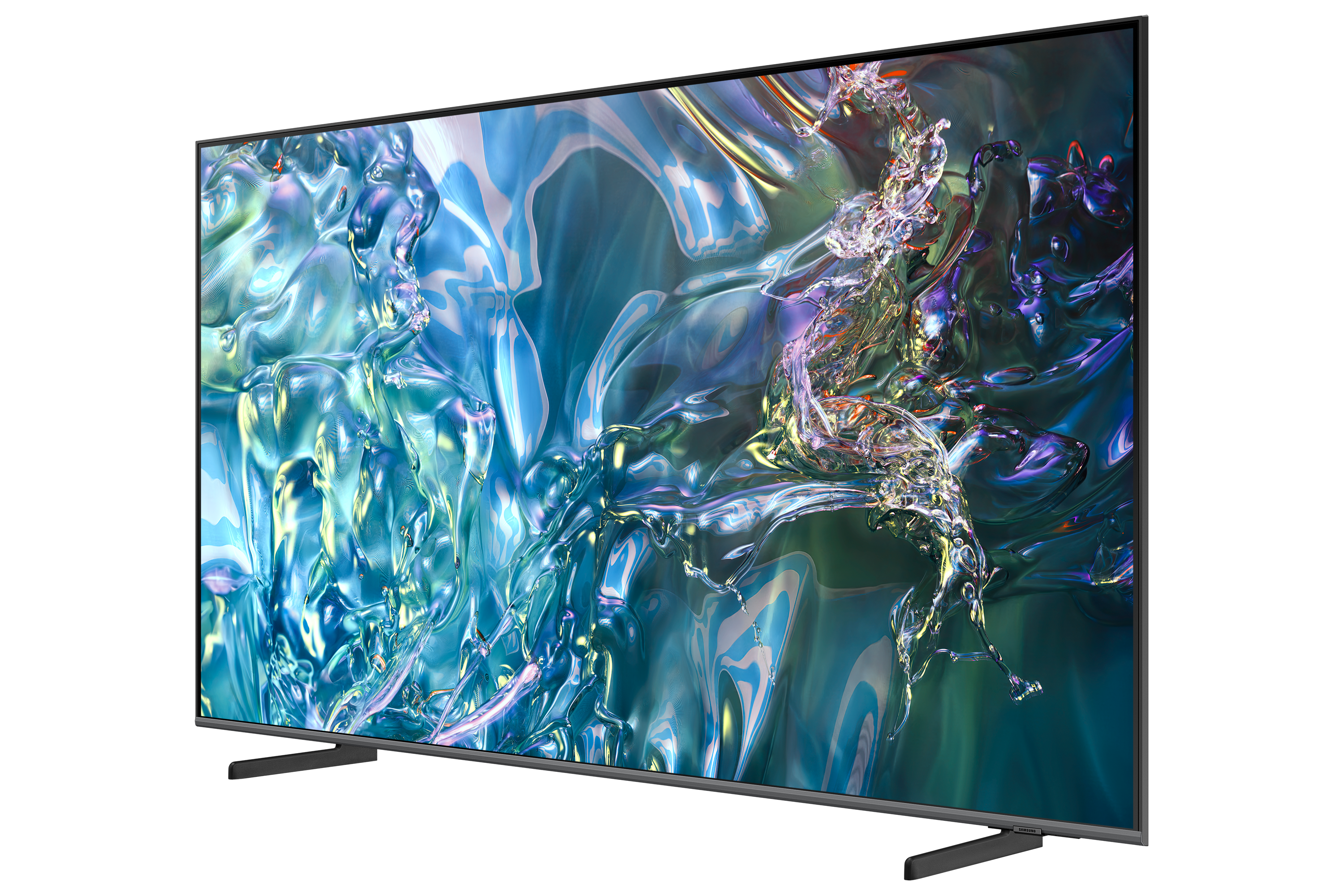 Ein großer, moderner Fernseher vor schwarzem Hintergrund. Der Bildschirm zeigt ein farbenfrohes, abstraktes Design.