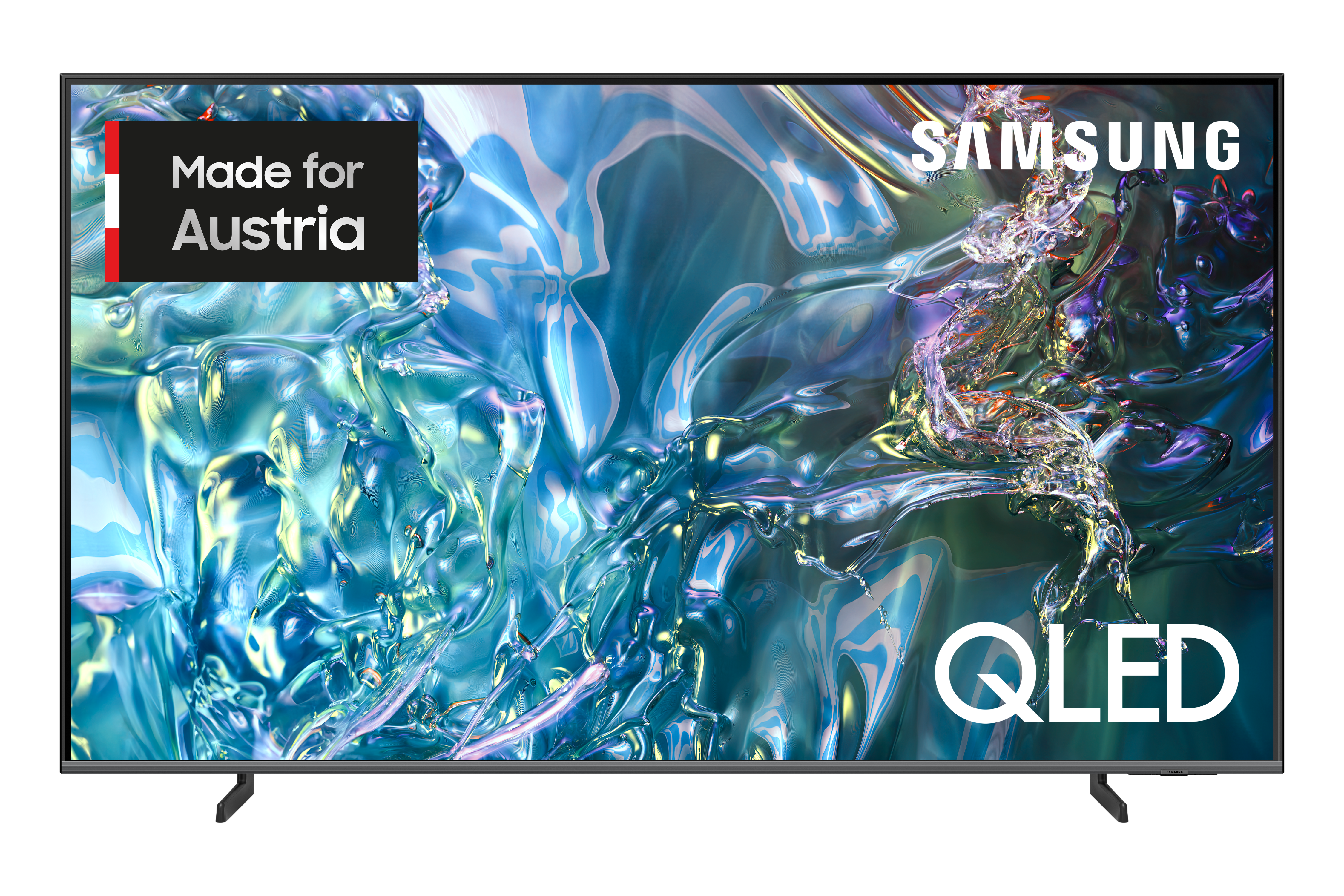 Samsung QLED-Fernseher mit blau-grünem, abstraktem Hintergrund und 'Made for Austria' Etikett.