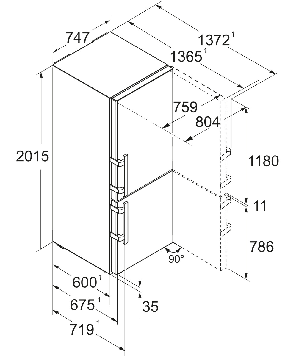 Diagramm eines Kühlschranks mit Abmessungen. Der Kühlschrank ist grau und weiß.
