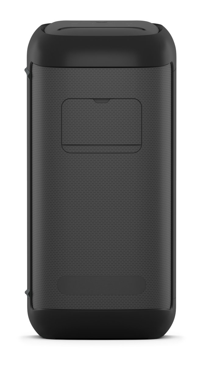 Czarny głośnik z teksturowaną powierzchnią i prostokątnym panelem.