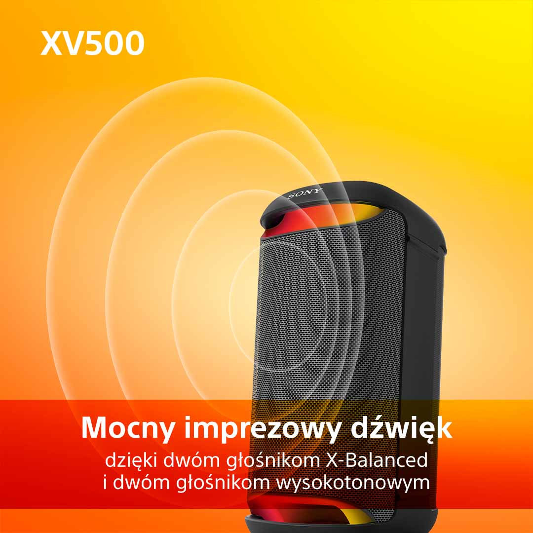 Czarny i szary głośnik przenośny z pomarańczowo-żółtą grafiką, emitujący fale dźwiękowe.