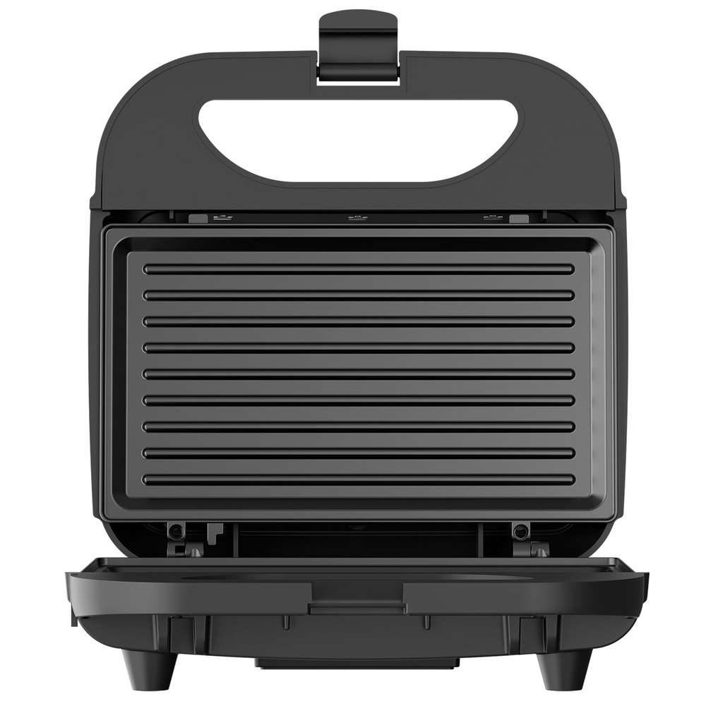Czarny opiekacz do kanapek, otwarty, pokazujący wewnętrzny grill.