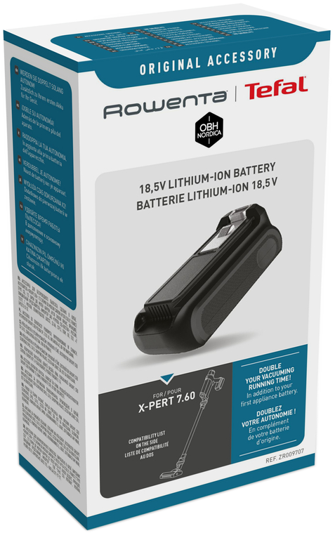 Egy Rowenta akkumulátorcsomag doboza. Egy fekete akkumulátor látható. A szöveg a '18,5V LITHIUM-ION BATTERY'.