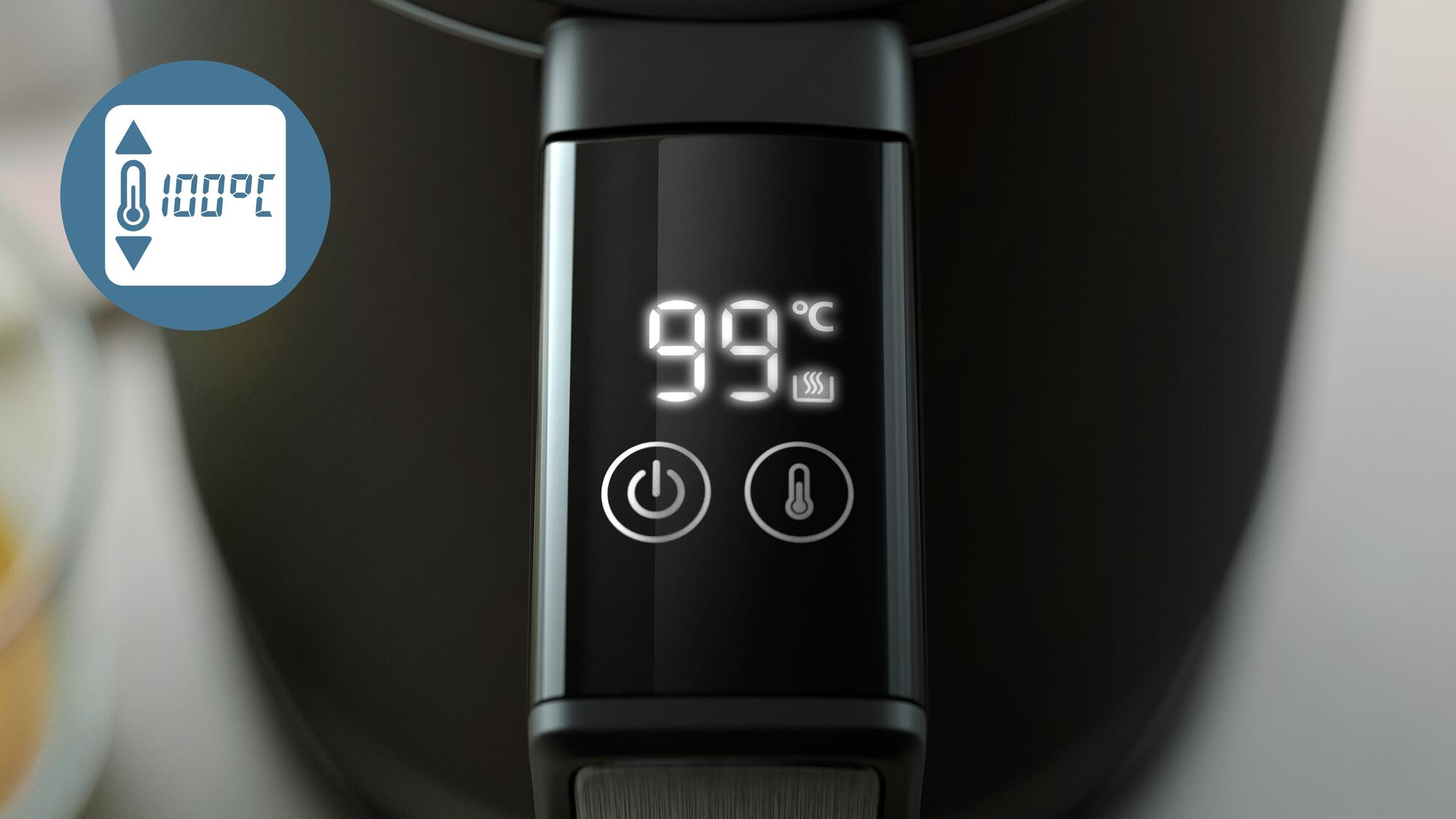 Primer plano del panel de control de una freidora de aire. La temperatura indica 99°C.