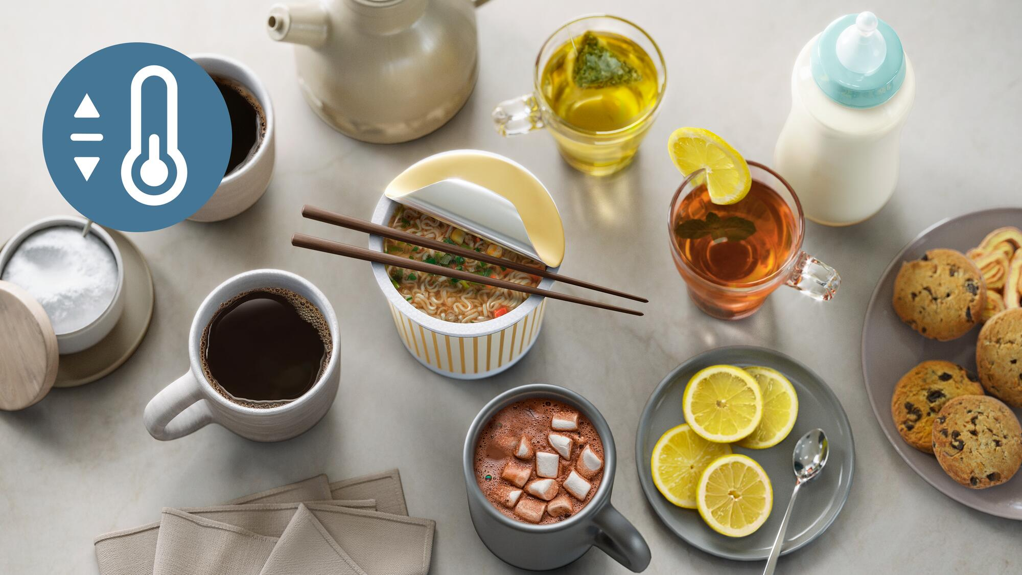 Varias bebidas y aperitivos en una mesa. Incluye café, té, galletas e icono de termómetro.