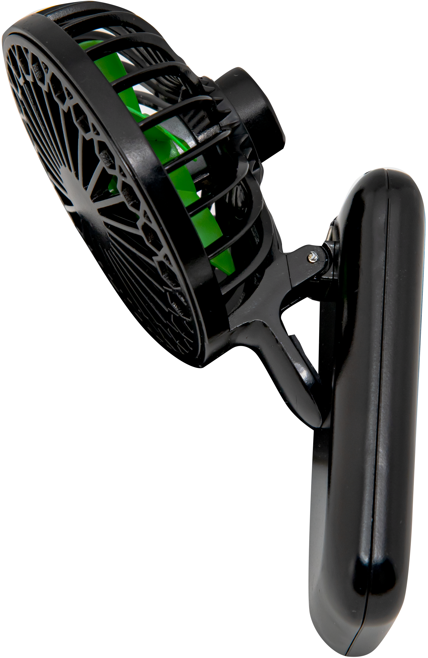 Schwarzer und grüner Mini-Ventilator, der an einer schwarzen Basis befestigt ist.