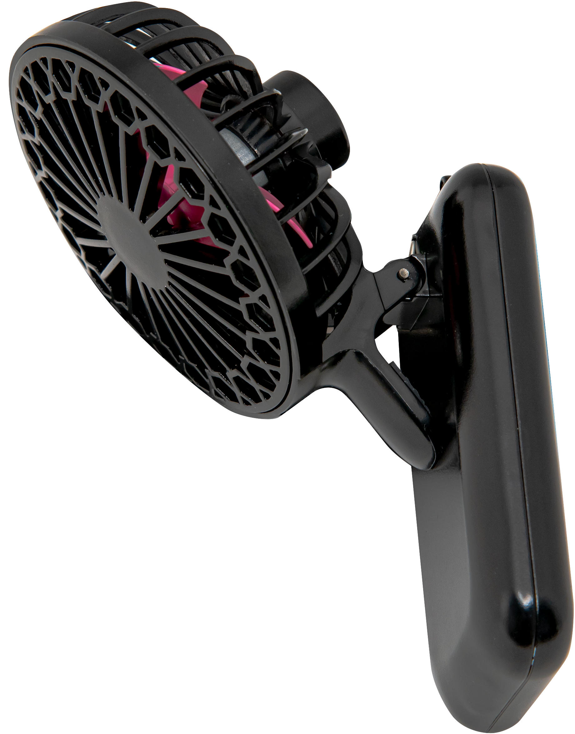 Schwarzer tragbarer Ventilator, abgewinkelt, mit rosa Flügeln, auf weißem Hintergrund.