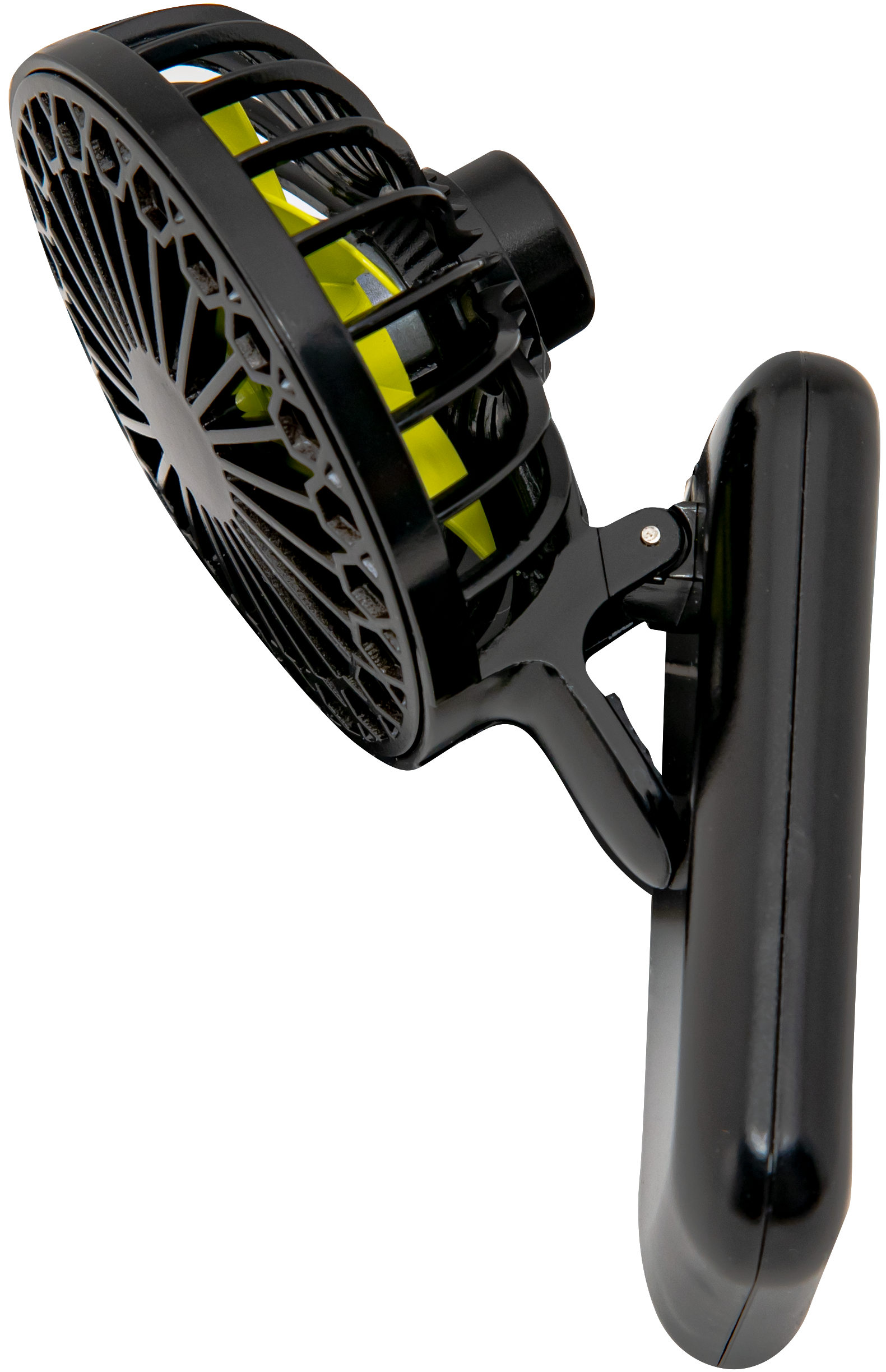 Ein schwarzer Mini-Ventilator mit Clip. Der Ventilator hat gelbe Flügel und einen schwarzen Käfig.