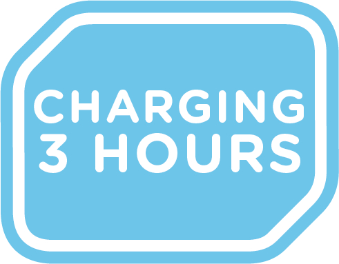 Ein blaues Etikett mit dem weißen Text 'CHARGING 3 HOURS'. Es hat abgerundete Ecken.