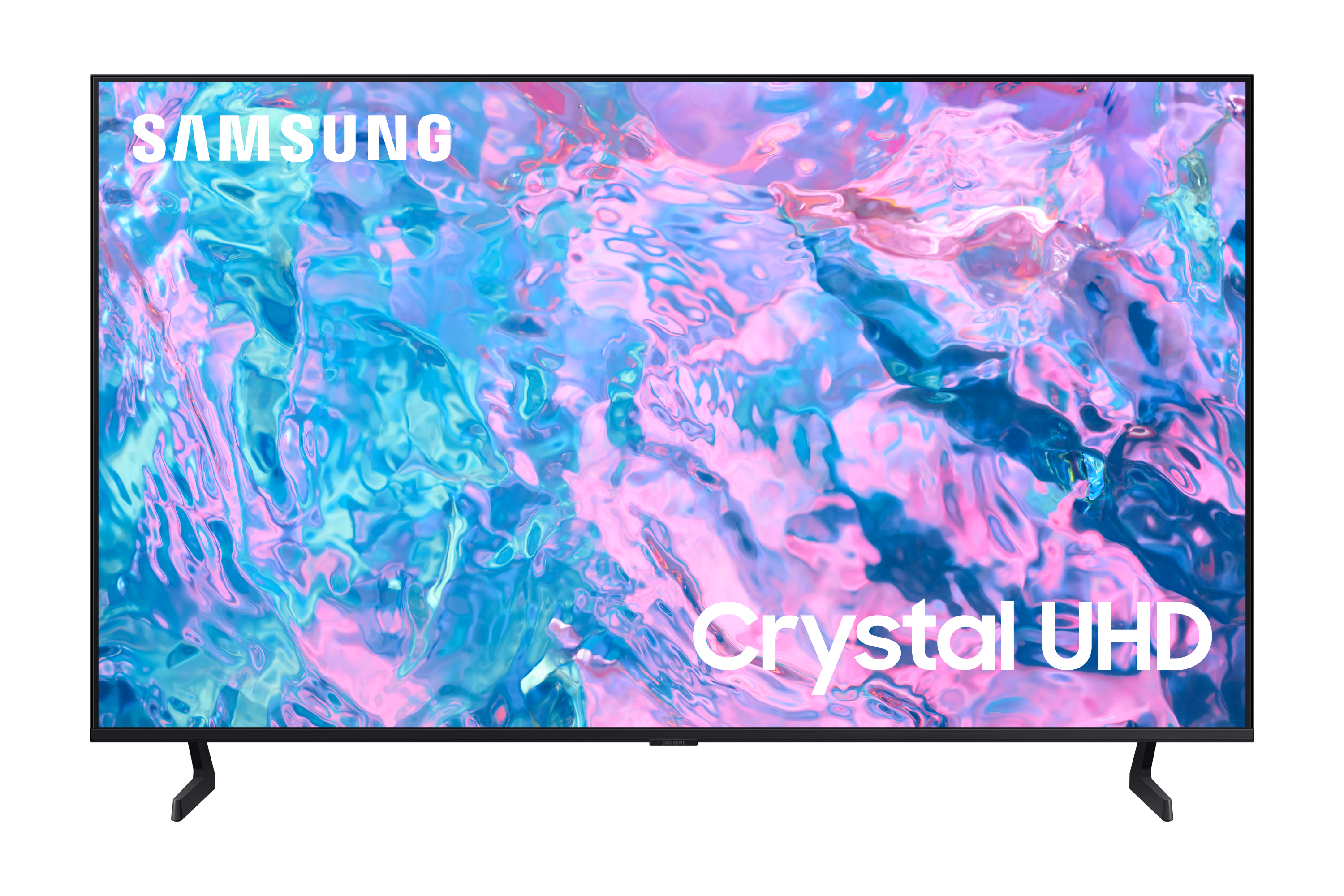Ein Samsung Crystal UHD TV. Der Bildschirm zeigt ein farbenfrohes abstraktes Muster auf schwarzem Hintergrund.