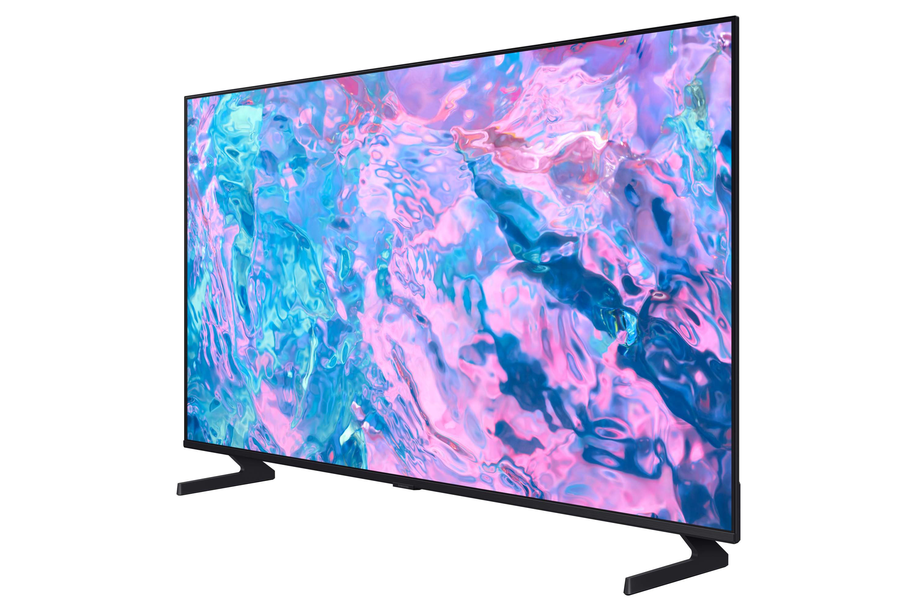 Ein moderner Fernseher mit farbenfroher Anzeige, mit Rosa- und Blautönen, auf einem schwarzen Ständer.