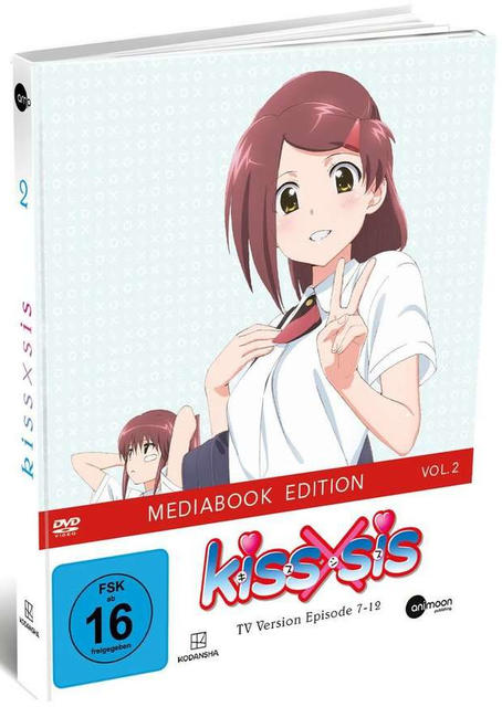Anime-DVD-Cover, ein Mädchen mit braunem Haar macht ein Friedenszeichen. Der Titel des Covers lautet 'kiss x sis'.