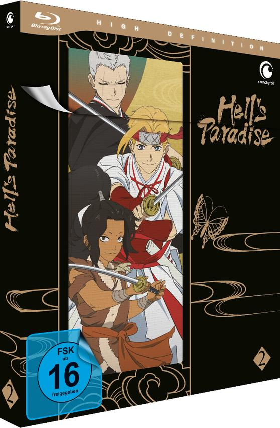 Blu-ray-Disc-Cover für Hell's Paradise. Zeigt Anime-Charaktere und japanische Kunst.