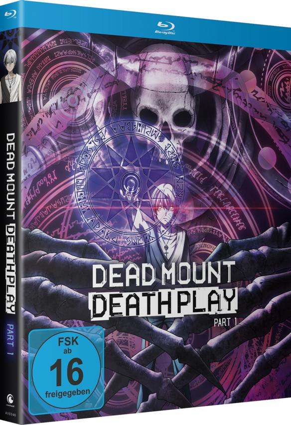 DVD-Box-Art für 'Dead Mount Death Play Teil 1' mit einem Schädel und Anime-Figuren.