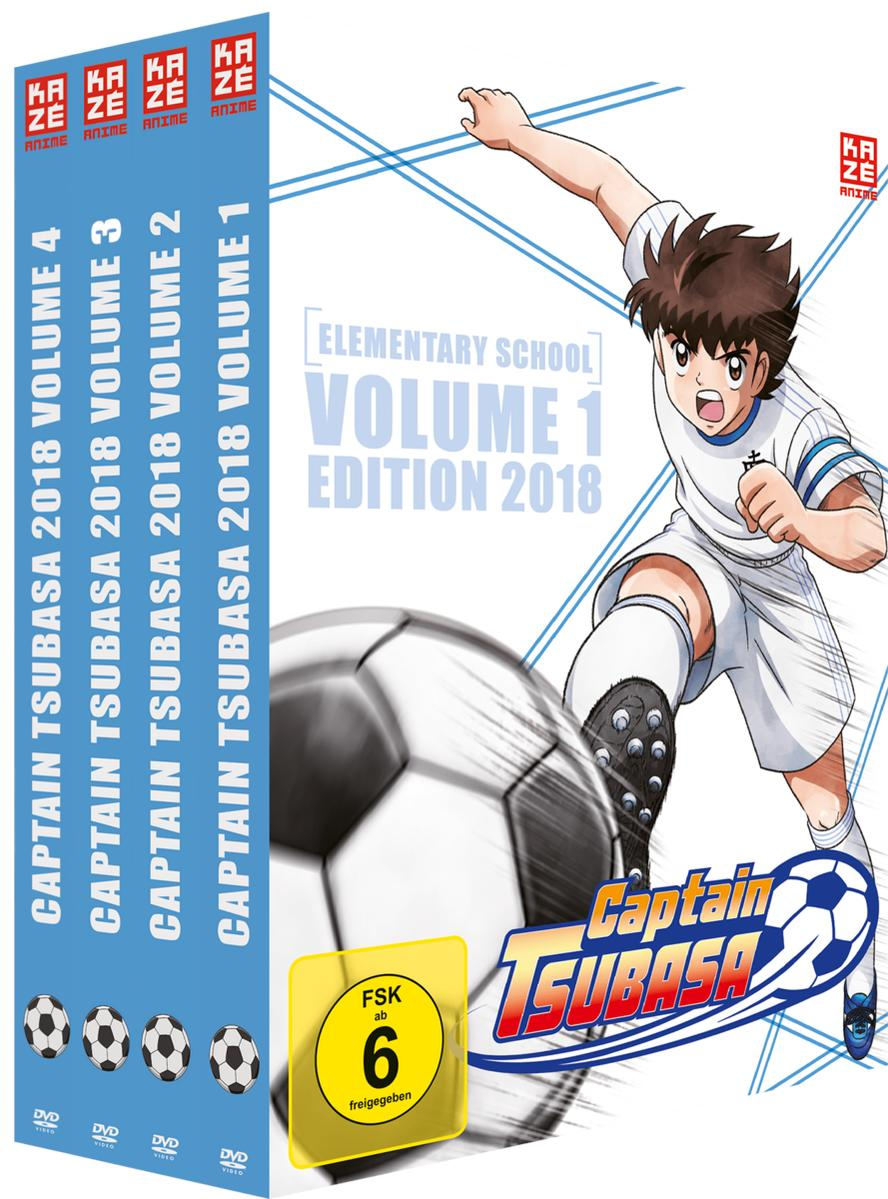 DVD-Set des Captain Tsubasa-Animes. Mehrere Bände sind sichtbar, mit einer Fußballspieler-Illustration auf der Seite.