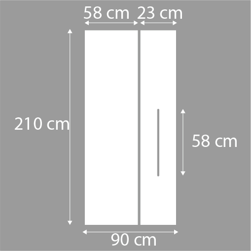 Grauer Hintergrund mit einer zweitürigen Zeichnung. Abmessungen: 210 cm Höhe, 90 cm Breite.