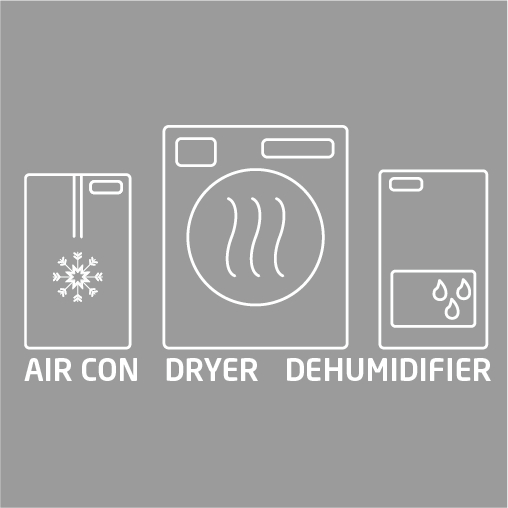 Symbole für Klimaanlage, Trockner und Luftentfeuchter auf grauem Hintergrund. Weiße Umrisse.
