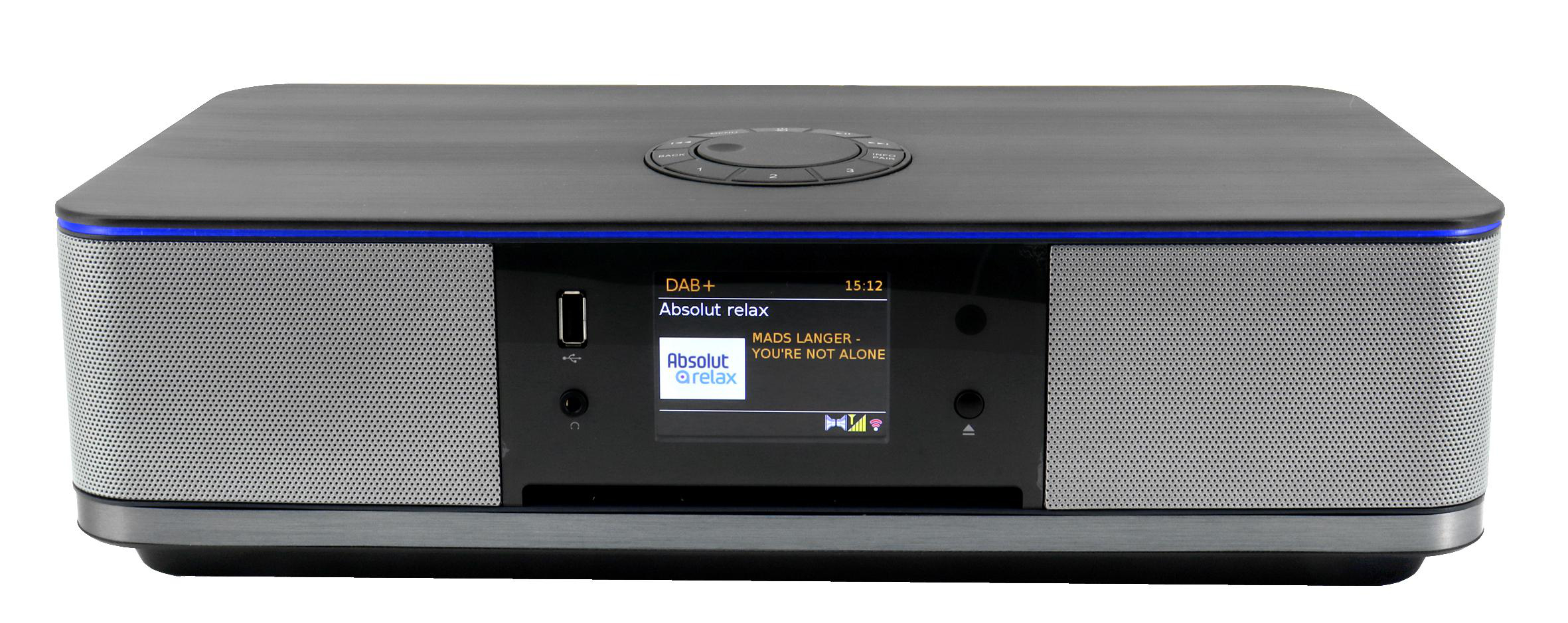 Ein schwarzes und silbernes Audiogerät mit Bildschirm. Der Bildschirm zeigt Song-Infos.