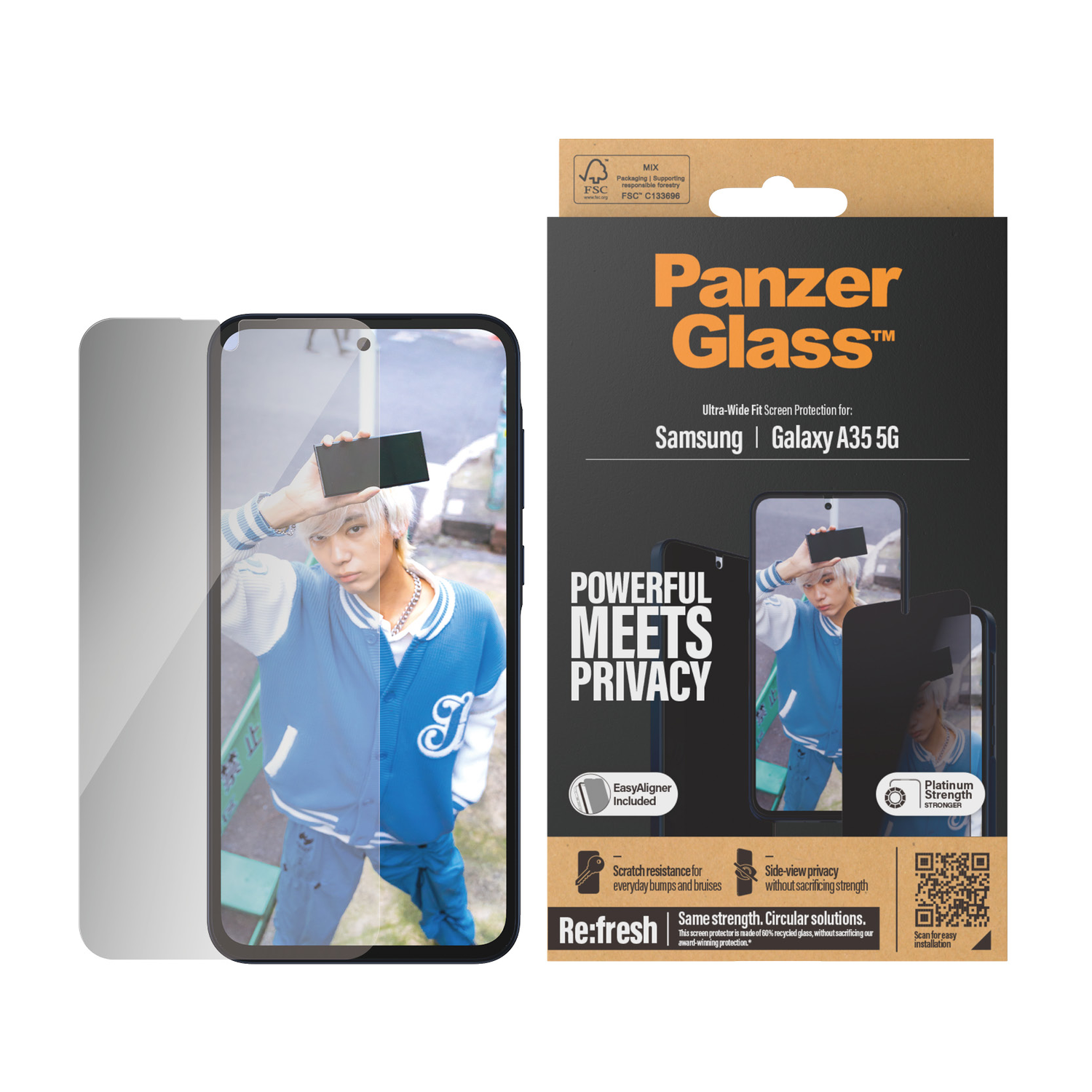 Doos met PanzerGlass-schermbeschermer. Toont een telefoon met schermbeschermer.