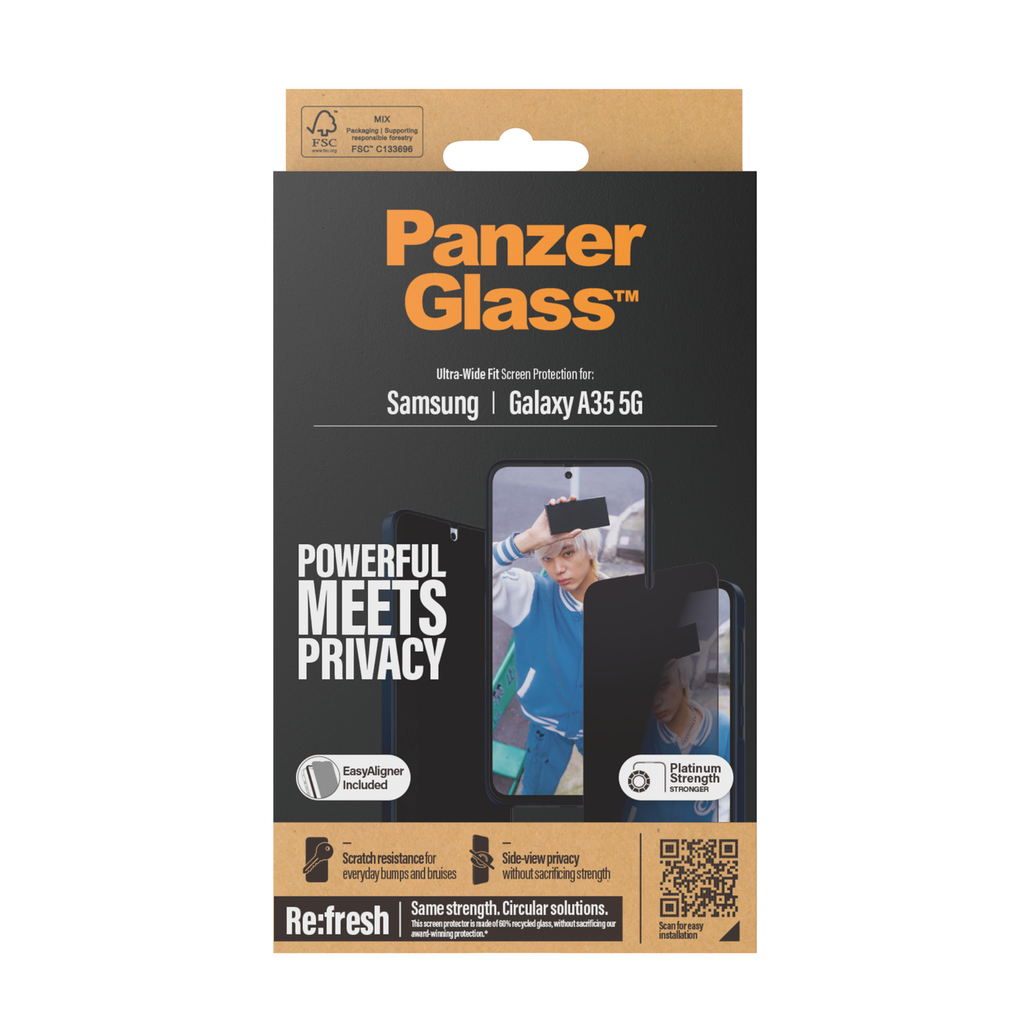 PanzerGlass schermbeschermer doos met een telefoon en de woorden 'Powerful Meets Privacy'.