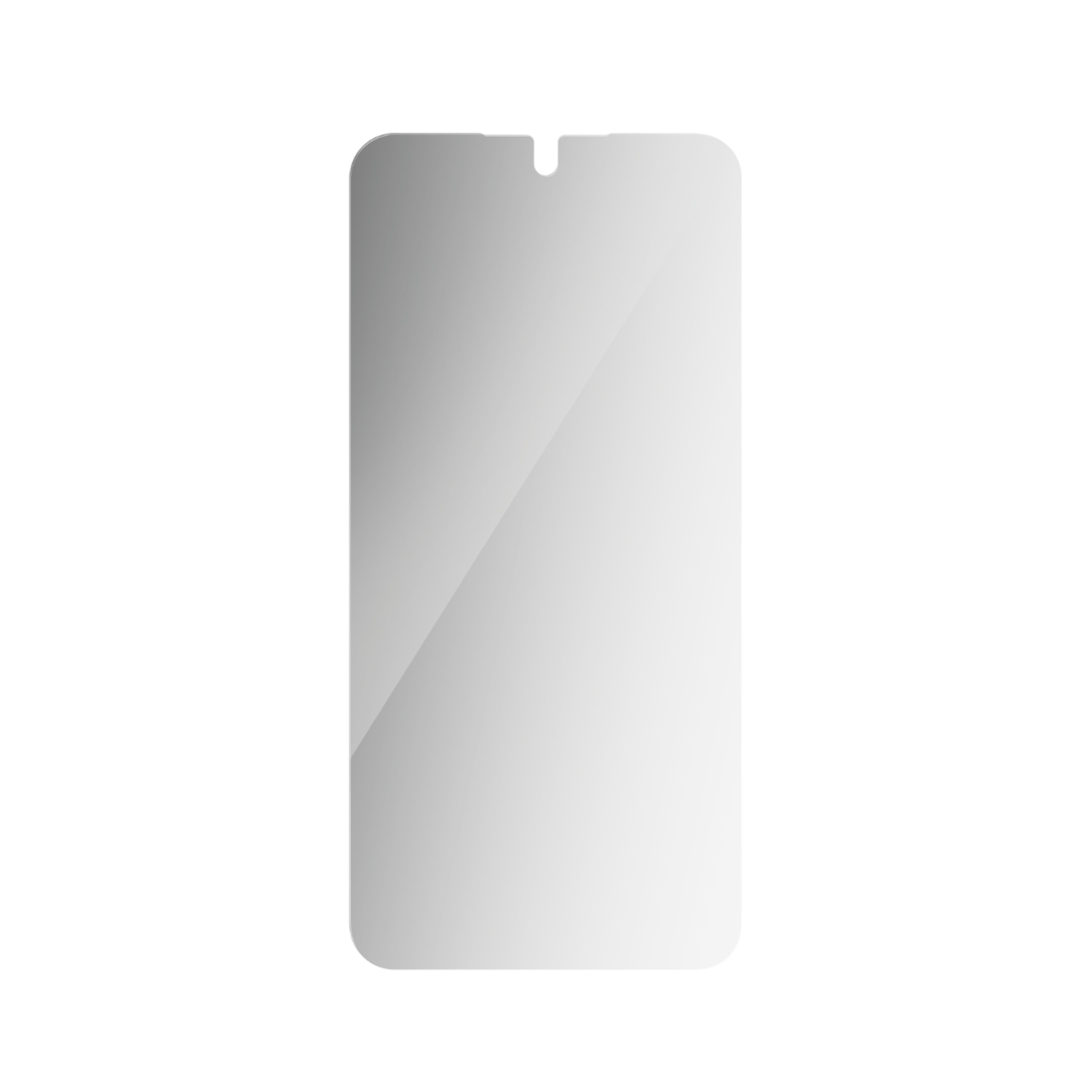 Een witte schermbeschermer voor een telefoon. Zwarte achtergrond. Bovenste inkeping zichtbaar.