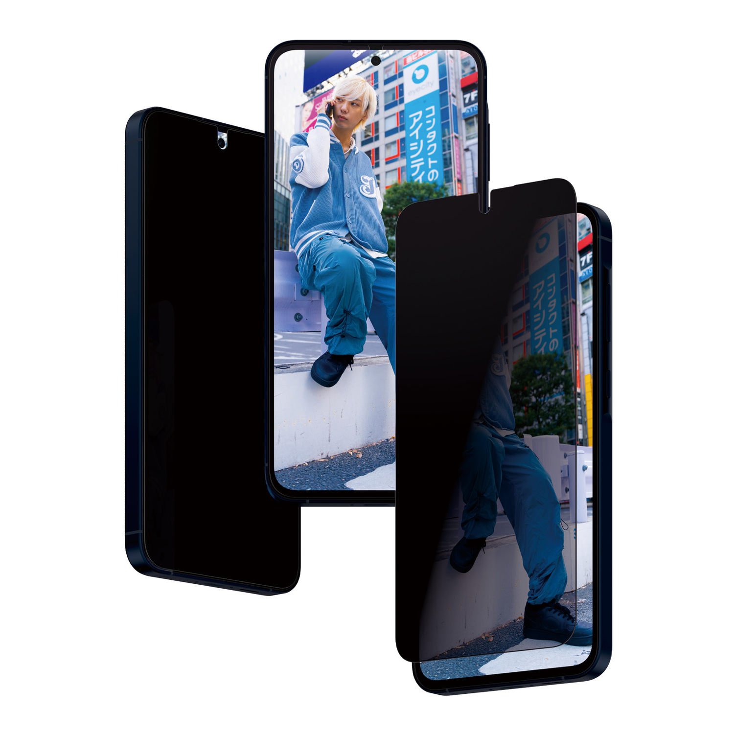 Drie zwarte telefoons, één met een persoon op het scherm, privacy scherm op twee.