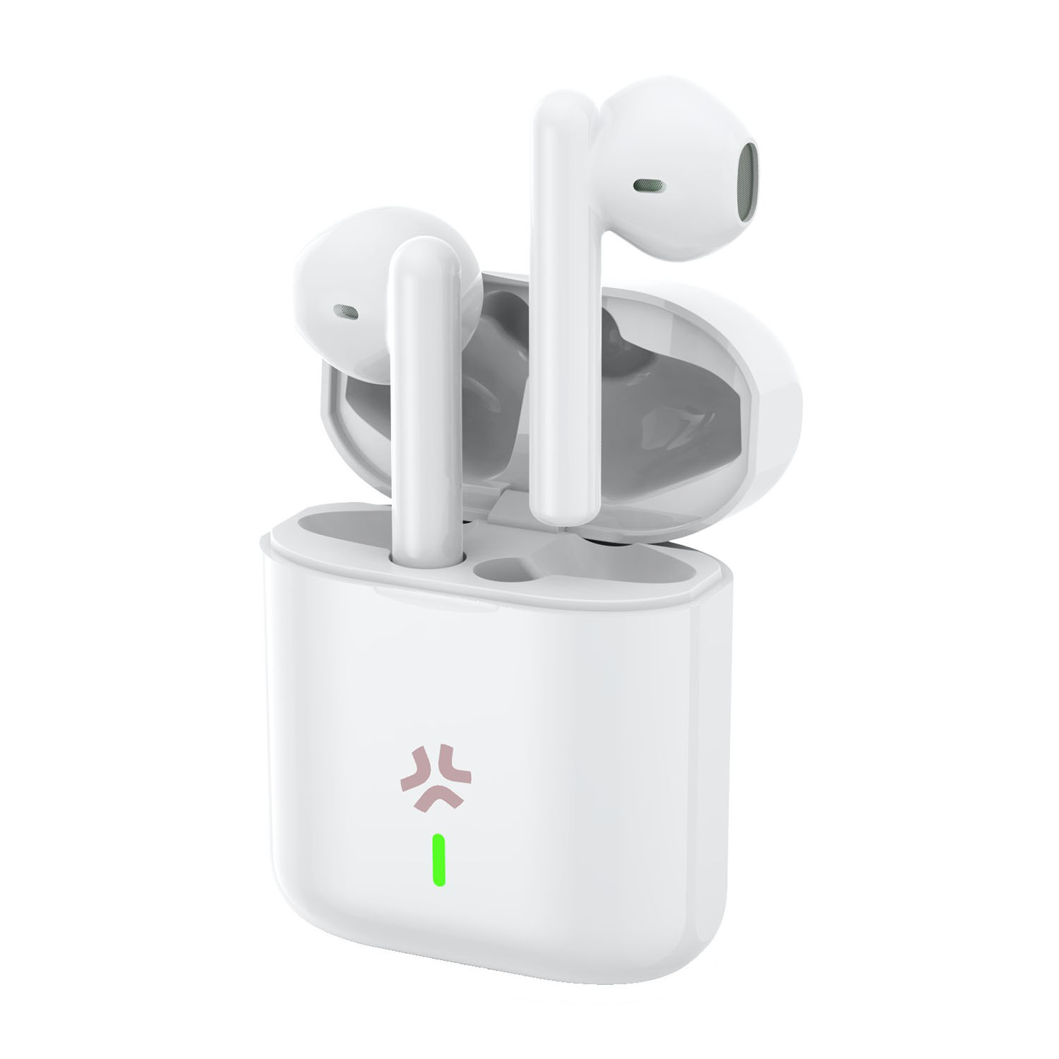 Auricolari wireless bianchi in una custodia di ricarica, con una luce verde che indica l'alimentazione.