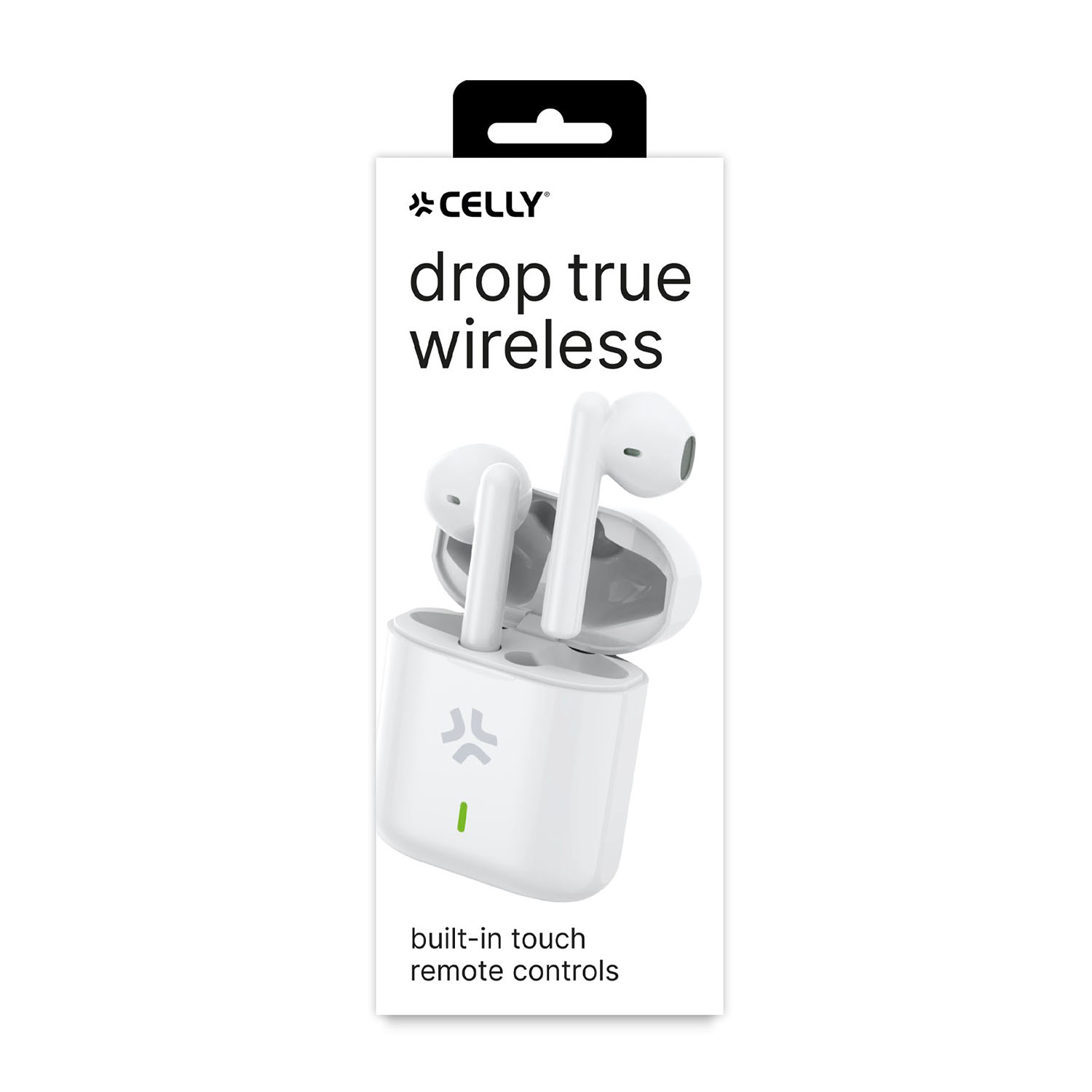 Una scatola di auricolari true wireless Celly Drop su sfondo bianco.