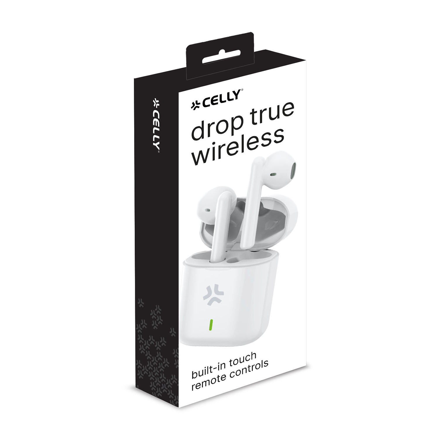 Scatola auricolari wireless Celly drop. Auricolari all'interno della scatola.