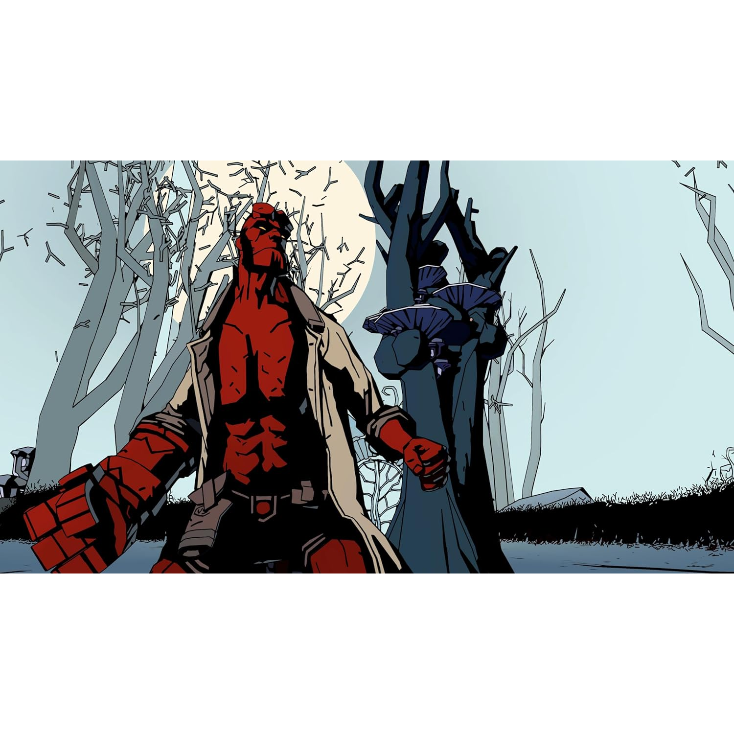 Hellboy staat in een bos. Hij heeft rode huid, een trenchcoat en de maan staat op de achtergrond.
