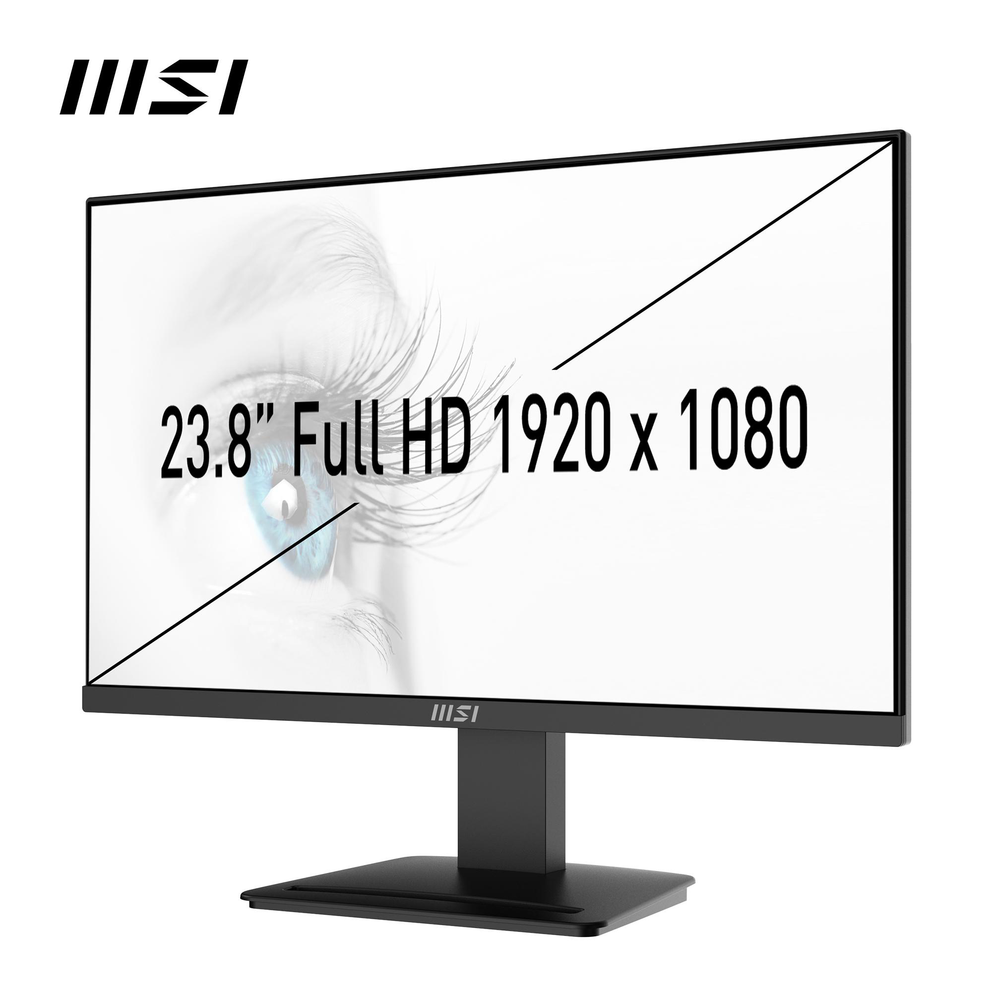 MSI 23,8" Monitor mit Augendetail, schwarzem Rahmen und Ständer, mit Text '23,8" Full HD 1920 x 1080'.