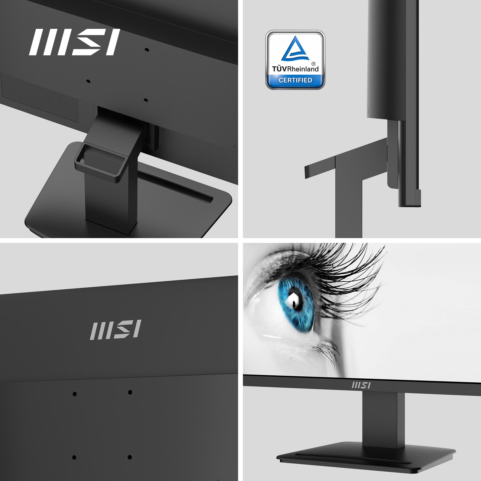 Mehrere Ansichten eines schwarzen MSI-Monitors mit weißem Zertifizierungslogo.