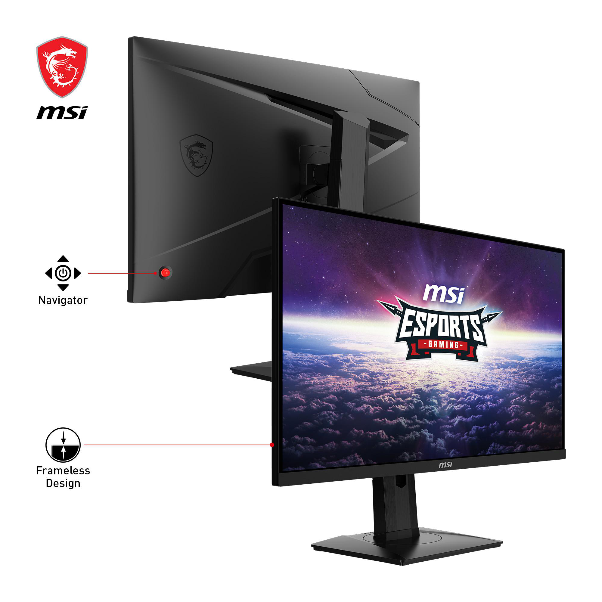 MSI Gaming-Monitor-Setup. Monitor Vorder- und Rückansicht. MSI-Logo und Designdetails.