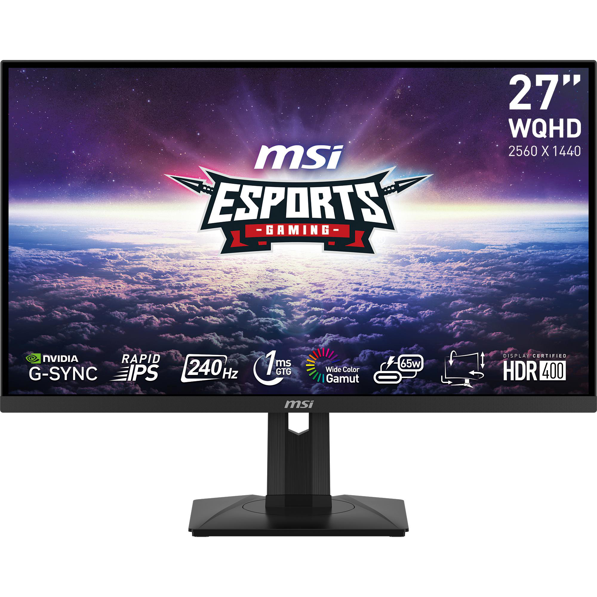 MSI Gaming-Monitor. Schwarzer Rahmen, 27 Zoll, HDR 400, mit Esports-Gaming-Logo auf dem Bildschirm.