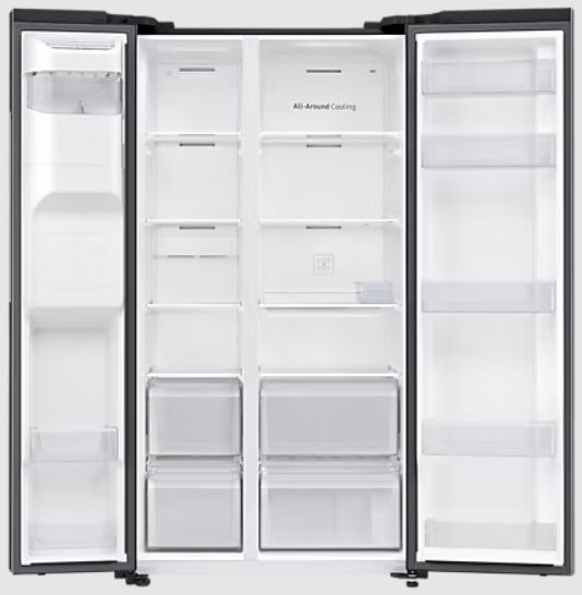 Otwarta lodówka z czarnym zewnętrzem, pokazująca półki, szuflady i schowki.