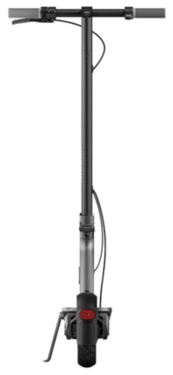 Czarno-szara hulajnoga elektryczna, widok z przodu, kierownica do góry.