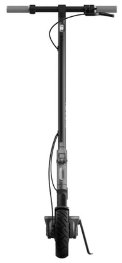 Czarno-szara hulajnoga elektryczna z przodu, widoczna kierownica i koło.