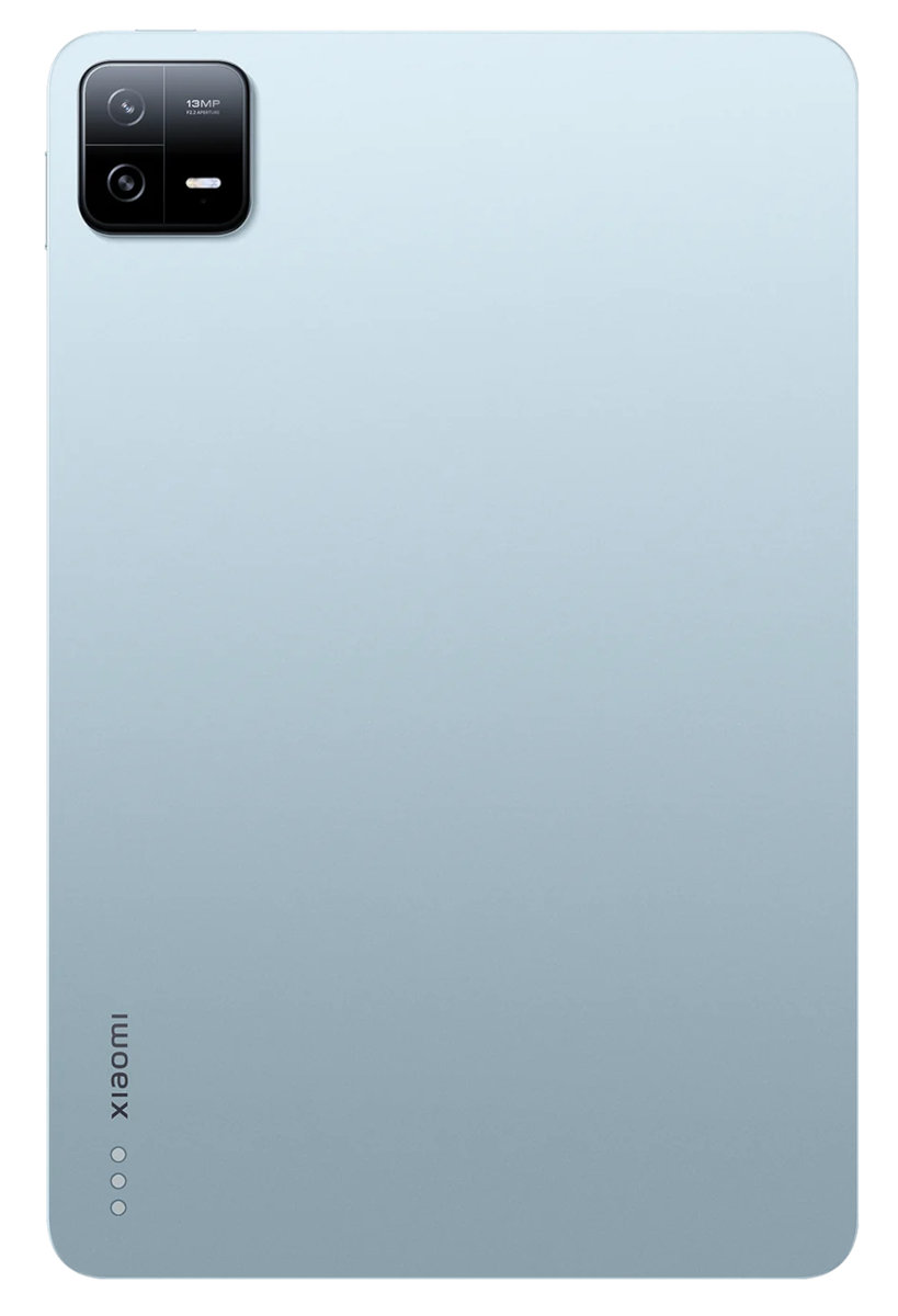 Tył jasnoniebieskiego tabletu z aparatem i napisem 'Xiaomi'.