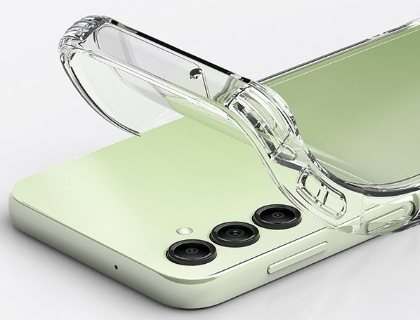 Etui na telefon z telefonem w środku, z widocznym aparatem.