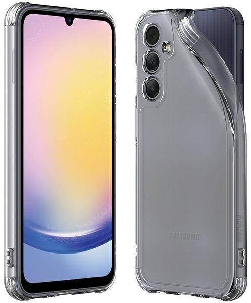 Dwa widoki telefonu w przezroczystym etui. Telefon ma trzy aparaty. Etui chroni telefon.