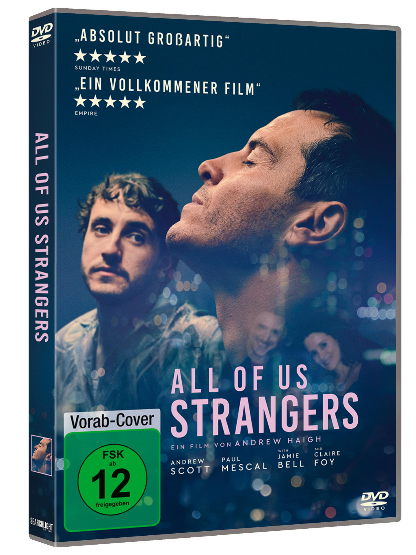 DVD-Cover für 'All of Us Strangers'. Zwei Männer schauen nach oben, Gesichter im HG.