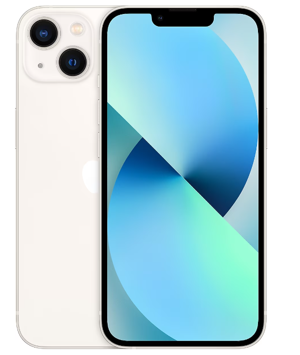 Mavi ve turkuaz geçişli bir ekran gösteren beyaz bir iPhone 13.
